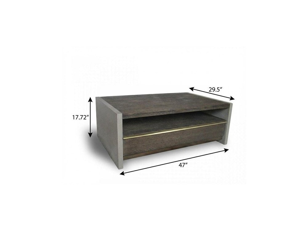 47" Brown and Dark Gray Solid Wood And Concrete Block Coffee Table With Drawer And Shelf