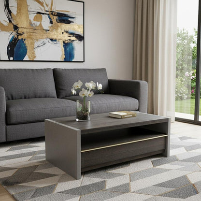 47" Brown and Dark Gray Solid Wood And Concrete Block Coffee Table With Drawer And Shelf