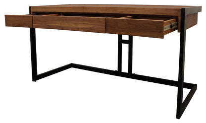60" Brown And Black Acacia Solid Wood Executive Desk With Three Drawers