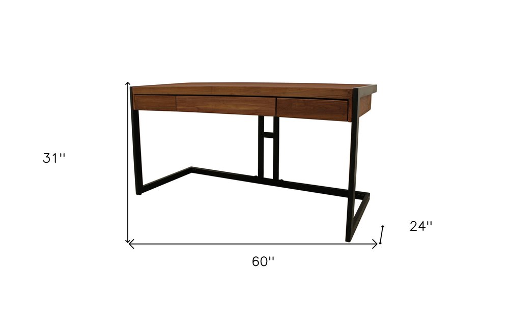 60" Brown And Black Acacia Solid Wood Executive Desk With Three Drawers