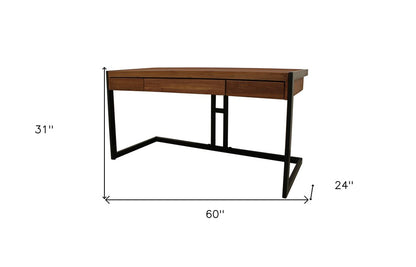 60" Brown And Black Acacia Solid Wood Executive Desk With Three Drawers