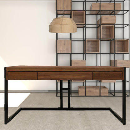 60" Brown And Black Acacia Solid Wood Executive Desk With Three Drawers