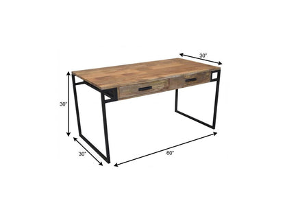 60" Natural and Black Solid Wood Writing Desk With Two Drawers