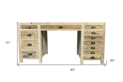63" Brown Solid Wood Writing Desk With Twelve Drawers