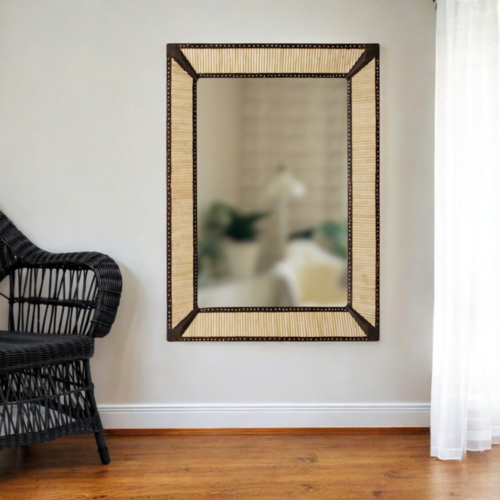 30" Natural and Brown Metal and Bone Inlay Framed Accent Mirror