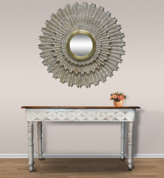 44" Antiqued Gold Sunburst Wood and Metal Framed Accent Mirror