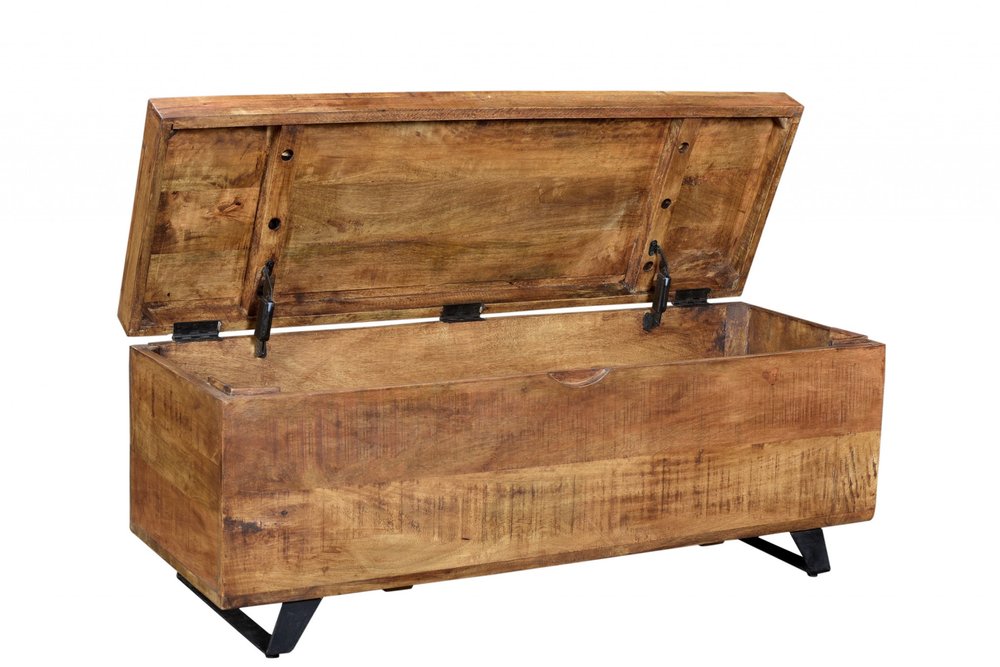 46" Brown and Black Distressed Solid Wood Storage Bench with Flip Top