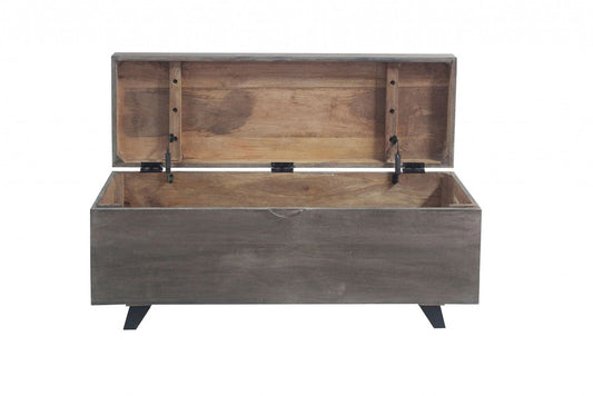 46" Brown And Black Steel Distressed and Solid Wood Storage Bench With Flip Top