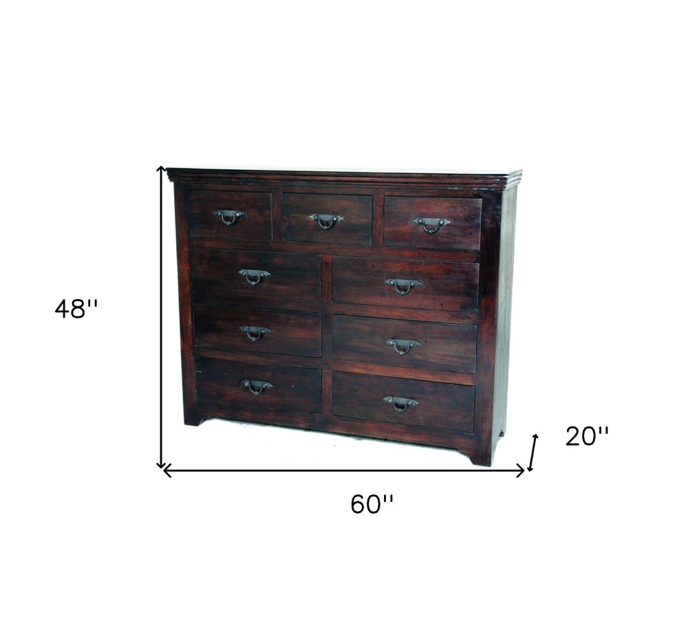 60" Brown Solid Wood Nine Drawer Double Dresser