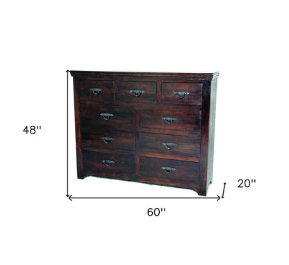 60" Brown Solid Wood Nine Drawer Double Dresser