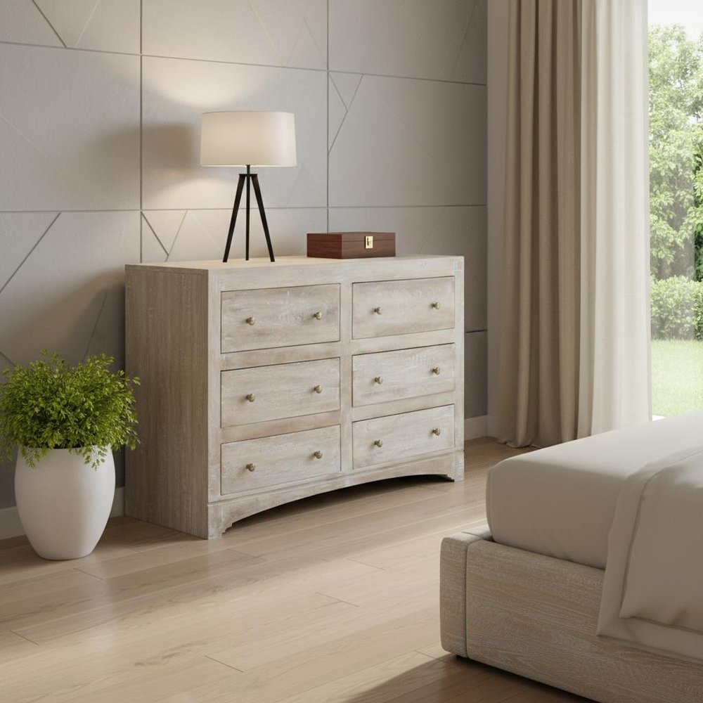 60" Brown Solid Wood Six Drawer Double Dresser