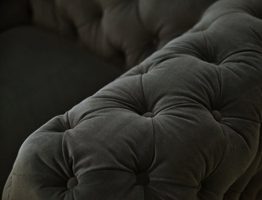 74" Dark Gray And Gold Velour Chesterfield Loveseat