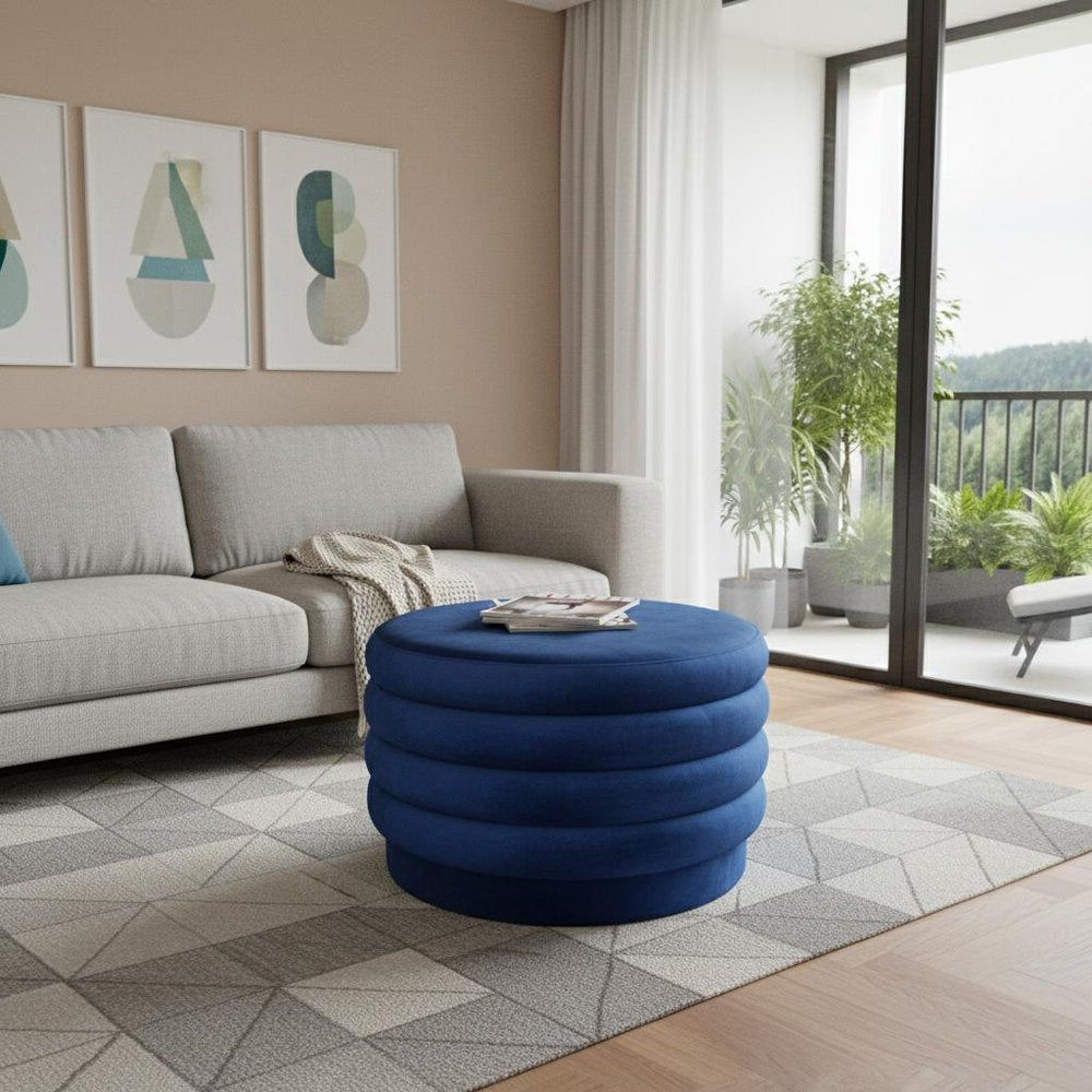 31" Blue Velvet Tufted Round Cocktail Ottoman