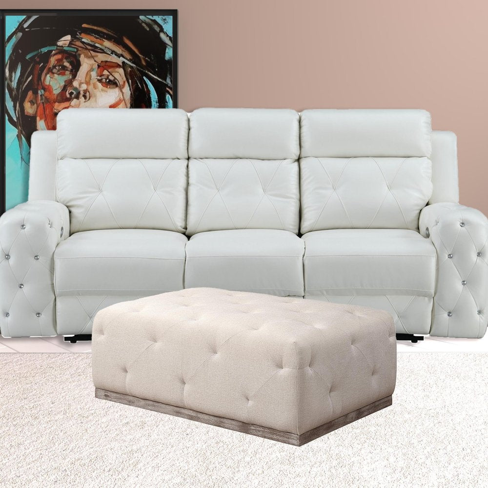 48" Ivory Velvet And Brown Tufted Cocktail Ottoman