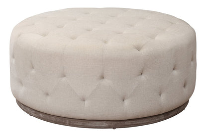 42" Ivory Velvet And Brown Tufted Round Ottoman