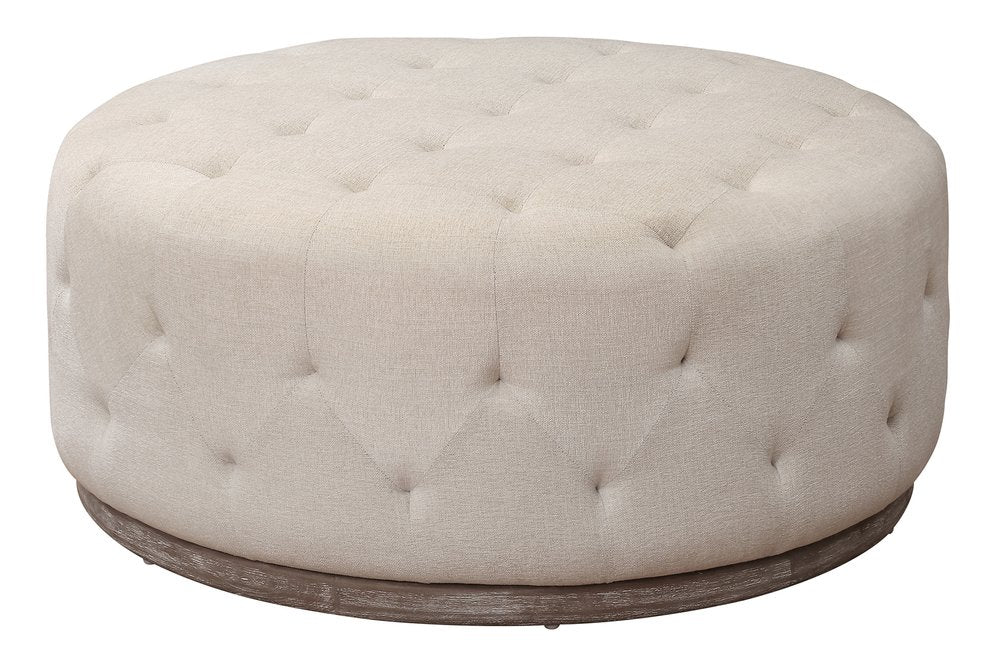 42" Ivory Velvet And Brown Tufted Round Ottoman