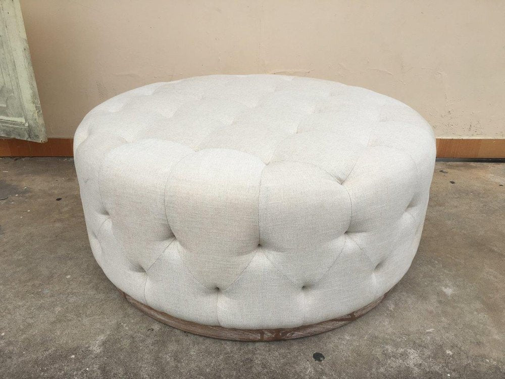 42" Ivory Velvet And Brown Tufted Round Ottoman