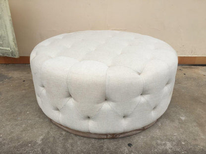 42" Ivory Velvet And Brown Tufted Round Ottoman