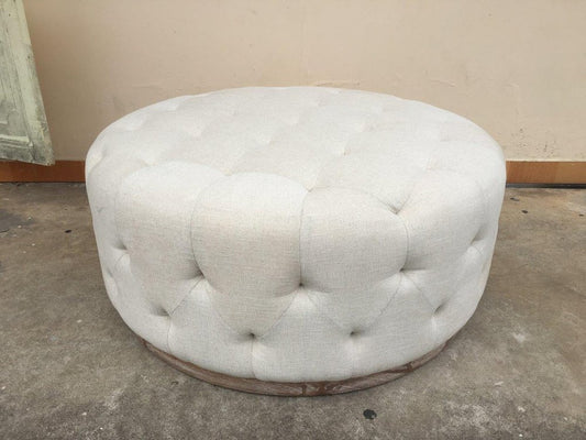 42" Ivory Velvet And Brown Tufted Round Ottoman