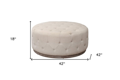 42" Ivory Velvet And Brown Tufted Round Ottoman