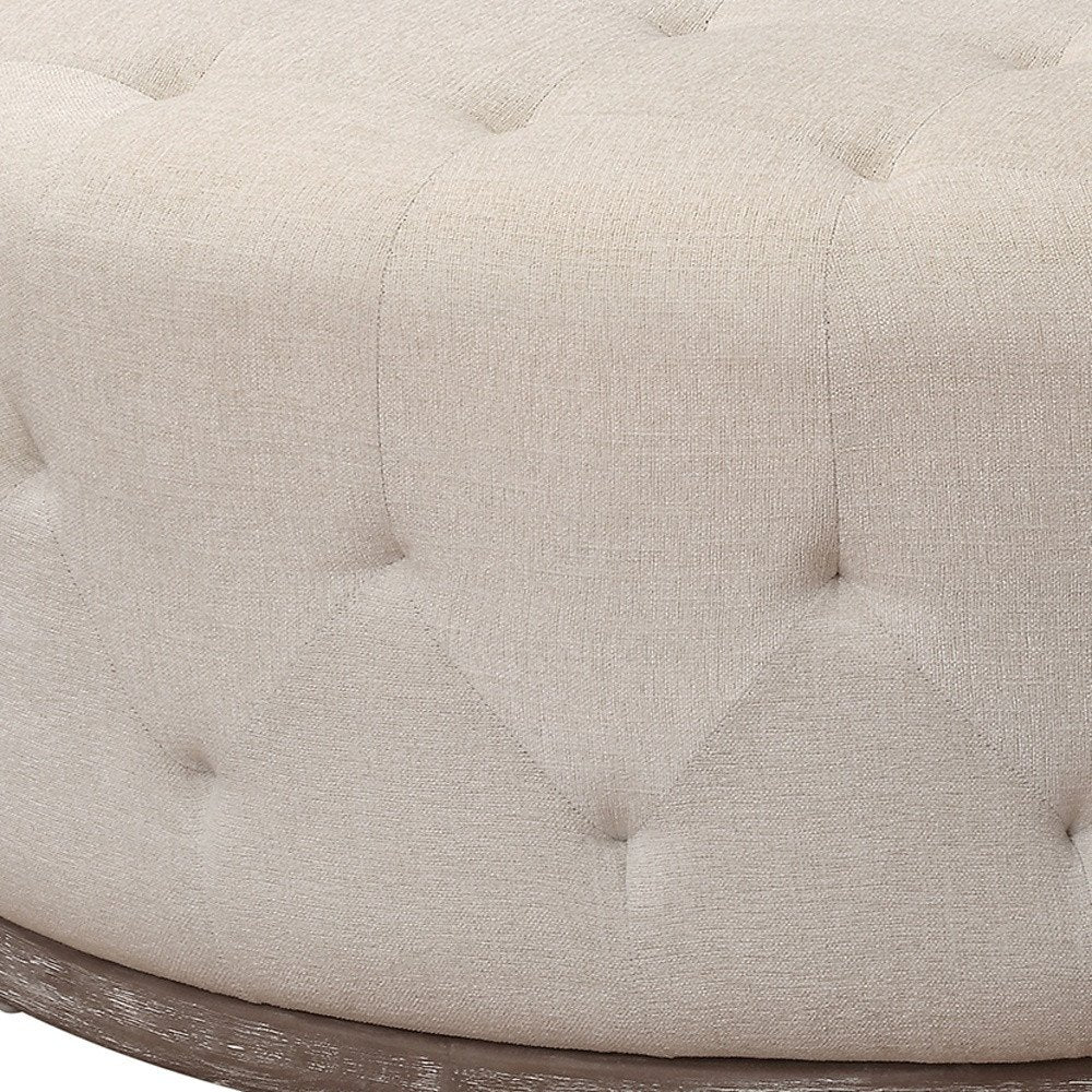 42" Ivory Velvet And Brown Tufted Round Ottoman