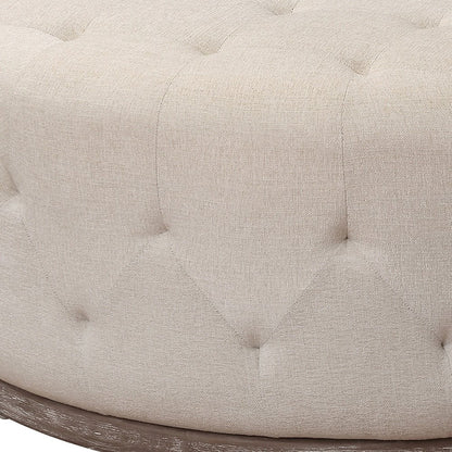 42" Ivory Velvet And Brown Tufted Round Ottoman