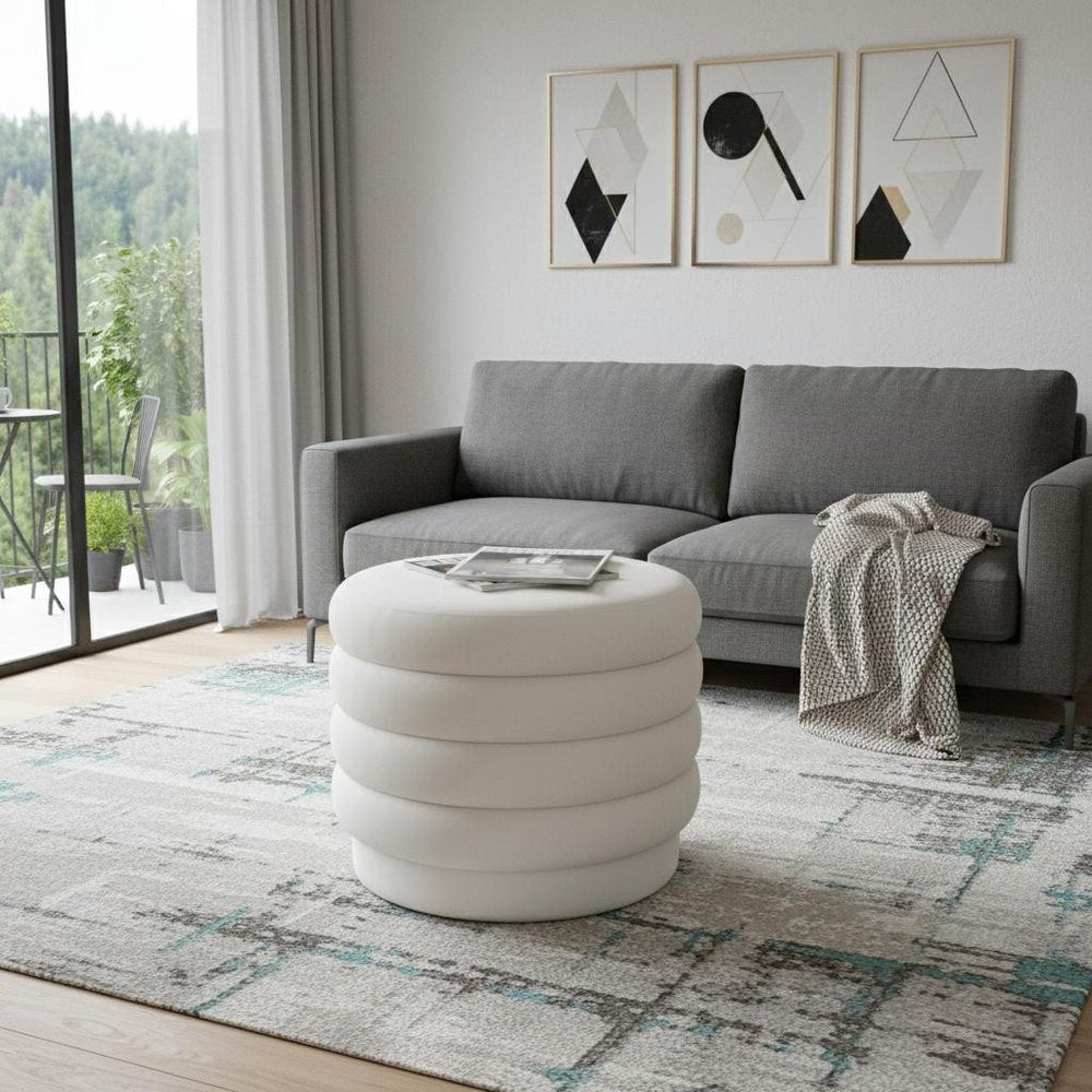 21" White Velvet Tufted Round Cocktail Ottoman