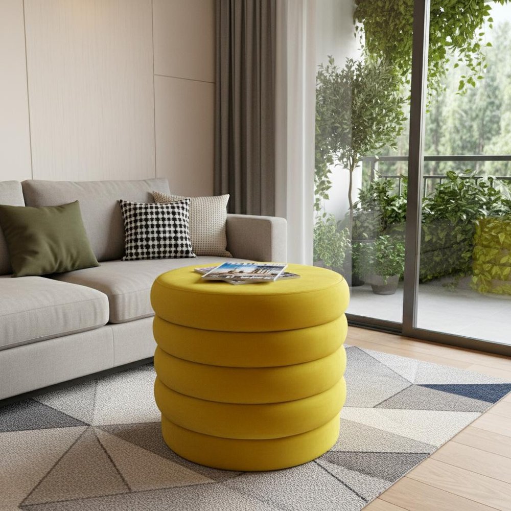 21" Yellow Velvet Tufted Round Cocktail Ottoman