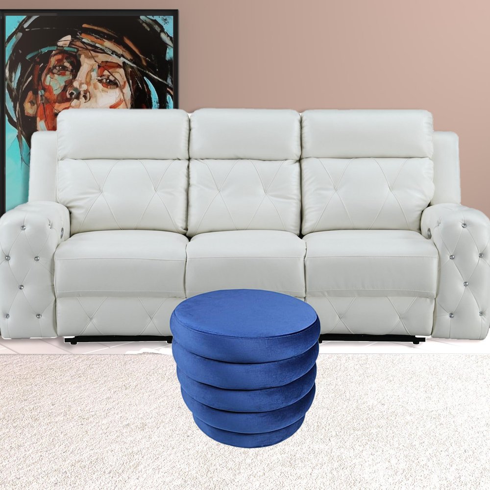 21" Blue Velvet Tufted Round Cocktail Ottoman
