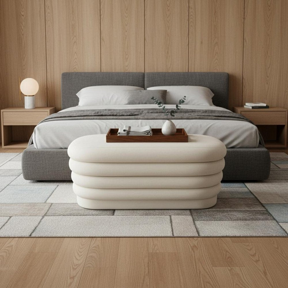 44" White Velvet Tufted Oval Ottoman