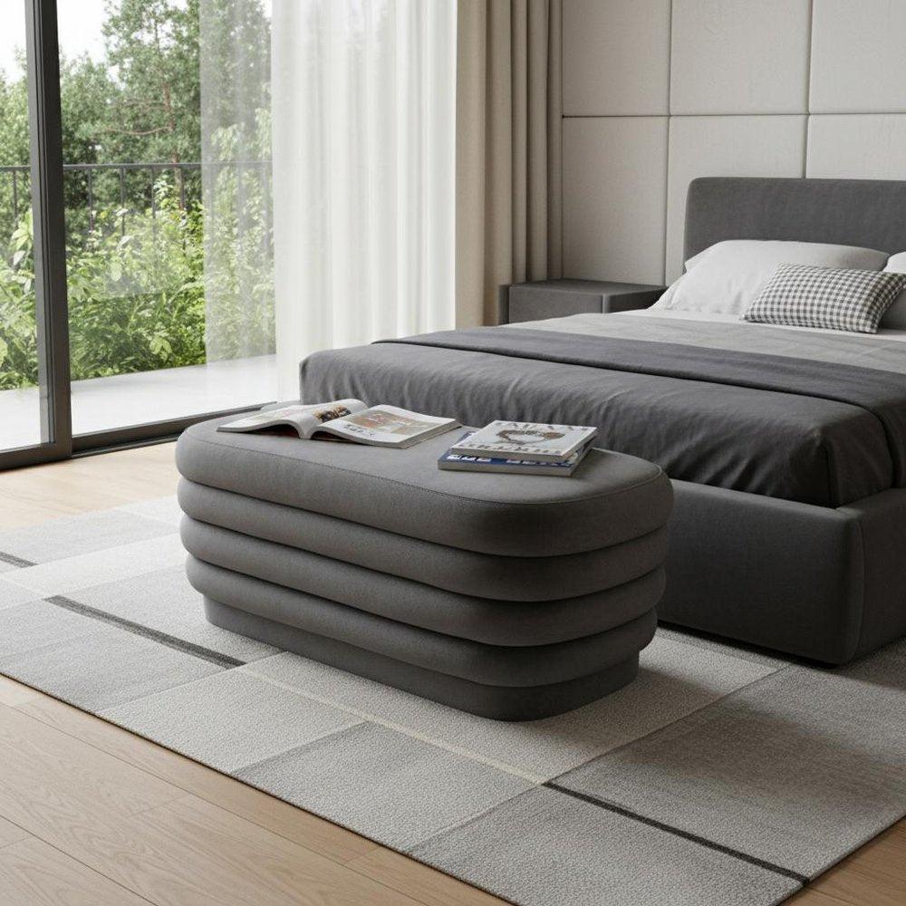 44" Gray Velvet Tufted Oval Ottoman