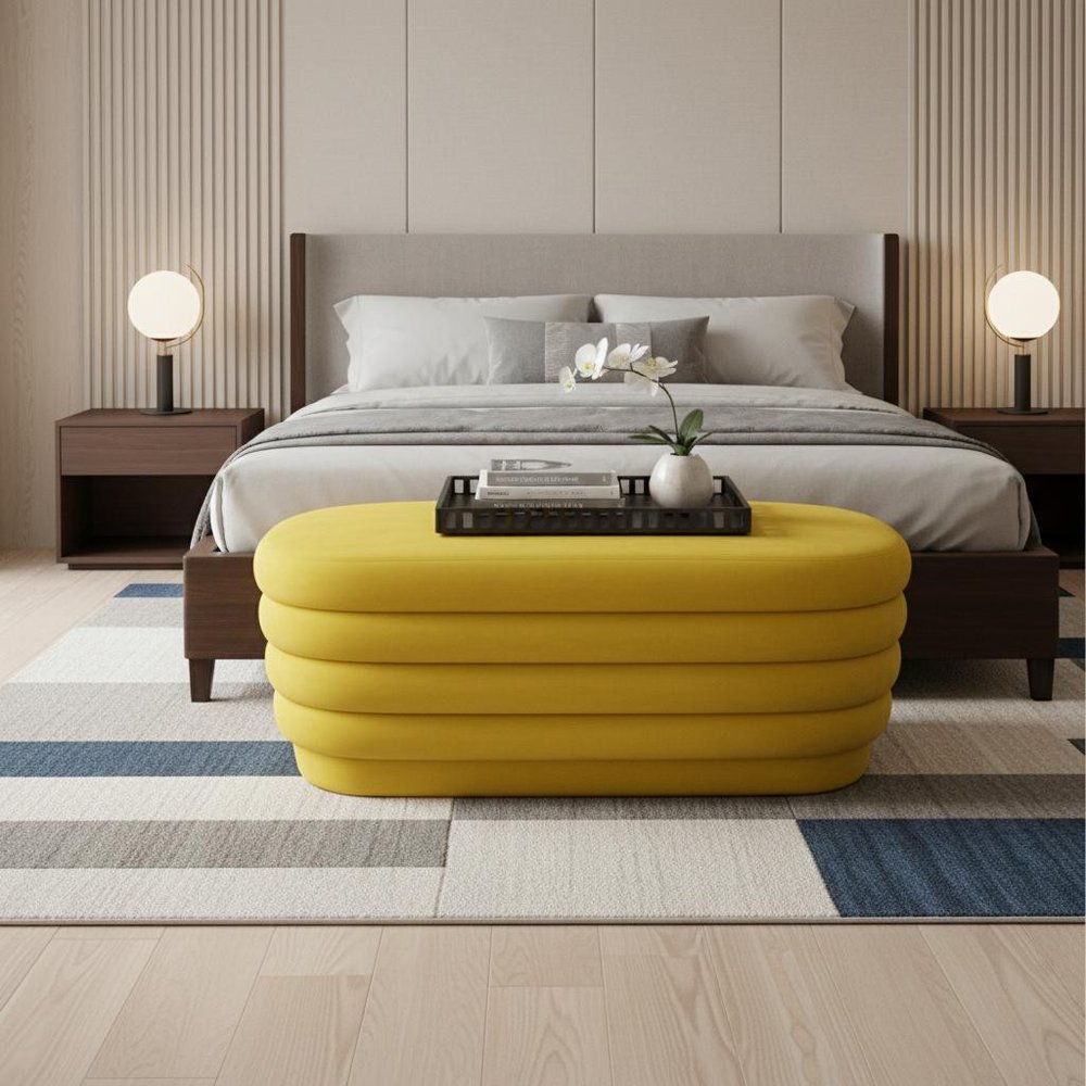 44" Yellow Velvet Tufted Oval Ottoman