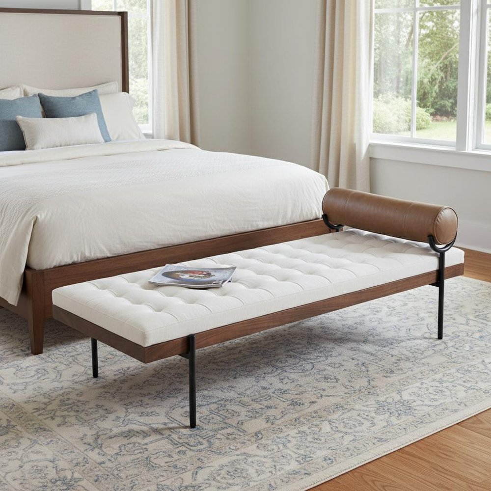 72" Ivory Brown And Black Tufted Cotton Wood And Metal Cushioned Bench With Pillow