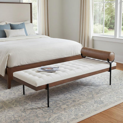 72" Ivory Brown And Black Tufted Cotton Wood And Metal Cushioned Bench With Pillow