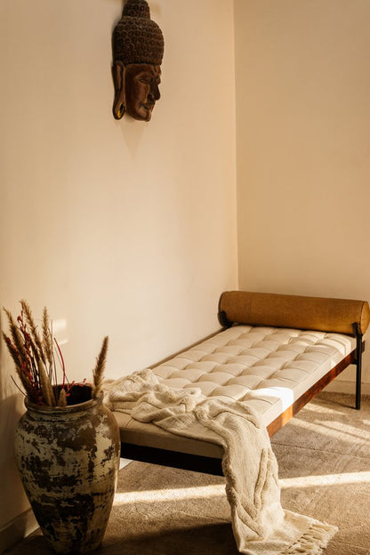 72" Ivory Brown And Black Tufted Cotton Wood And Metal Cushioned Bench With Pillow