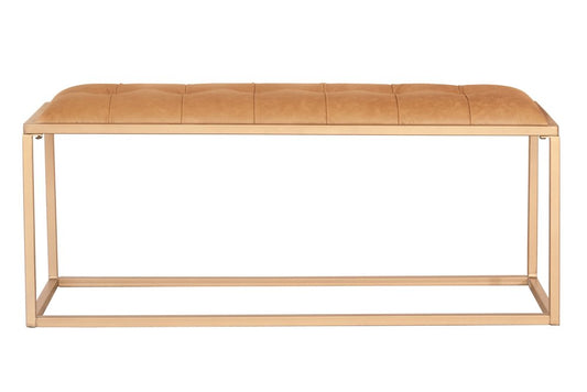 43" Brown And Gold Tufted Genuine Leather And Steel Upholstered Bench