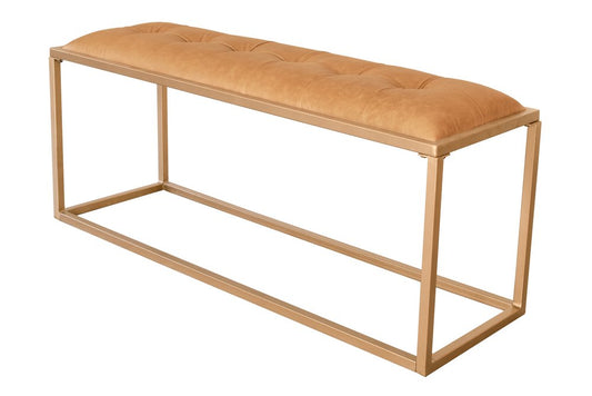 43" Brown And Gold Tufted Genuine Leather And Steel Upholstered Bench