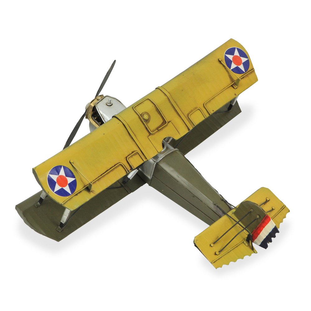 6" Yellow and Green Metal Hand Painted Model Airplane Tabletop Sculpture