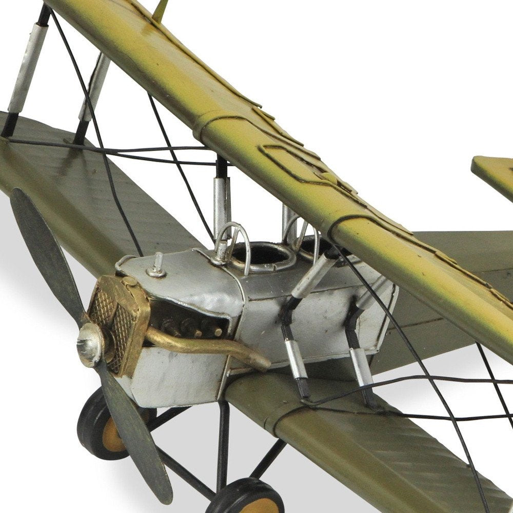 6" Yellow and Green Metal Hand Painted Model Airplane Tabletop Sculpture
