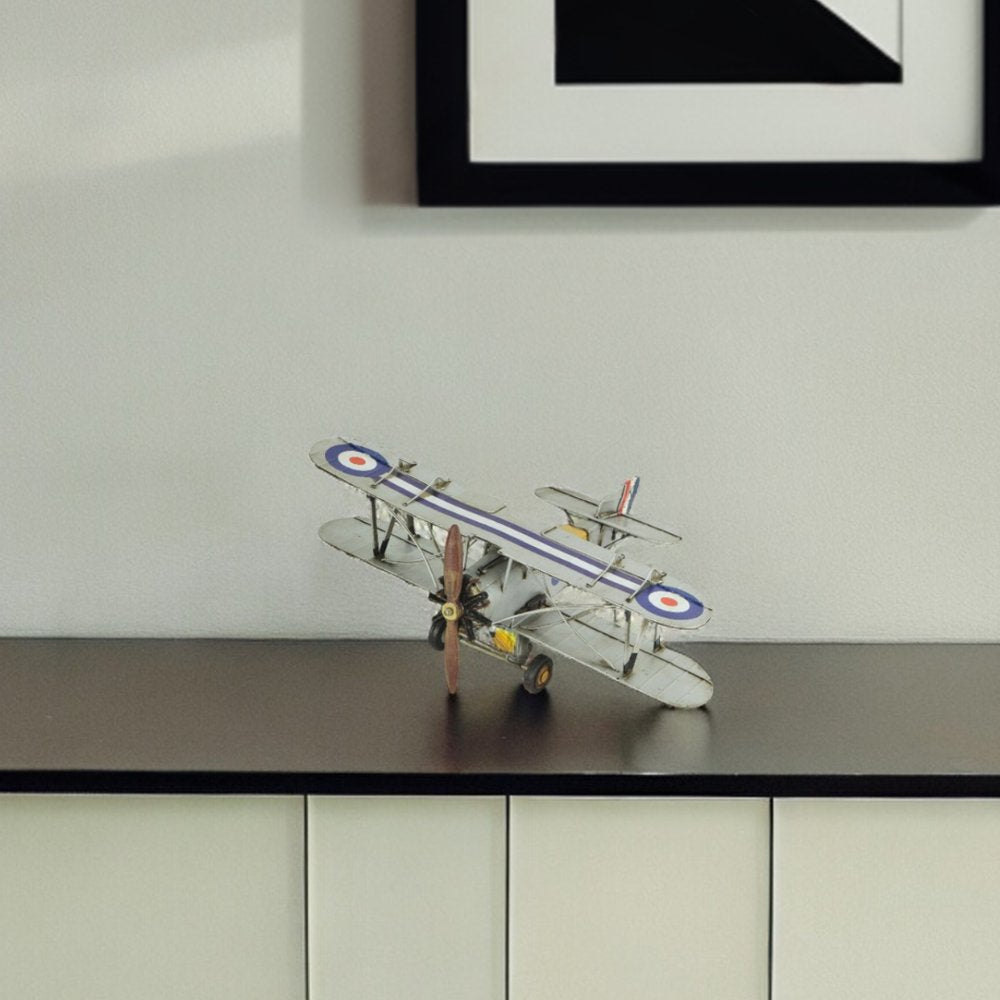 5" Blue and Gray Metal Hand Painted Model Airplane Tabletop Sculpture