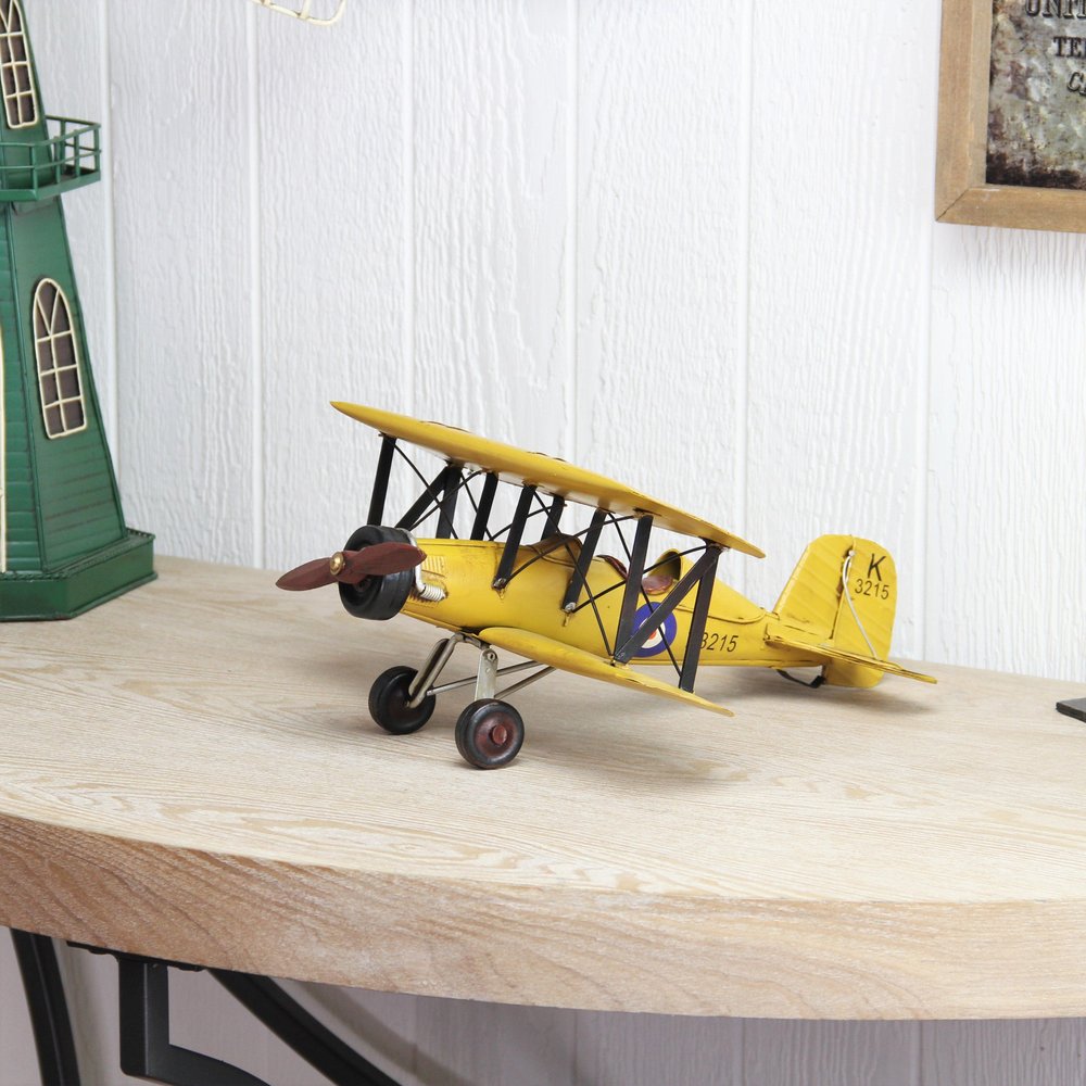 6" Yellow and Black Metal Hand Painted Model Airplane Tabletop Sculpture