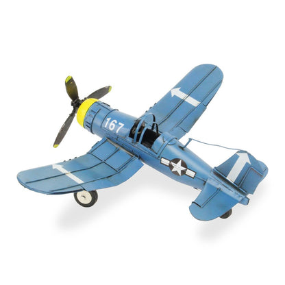 5" Blue and Yellow Metal Hand Painted Model Airplane Tabletop Sculpture