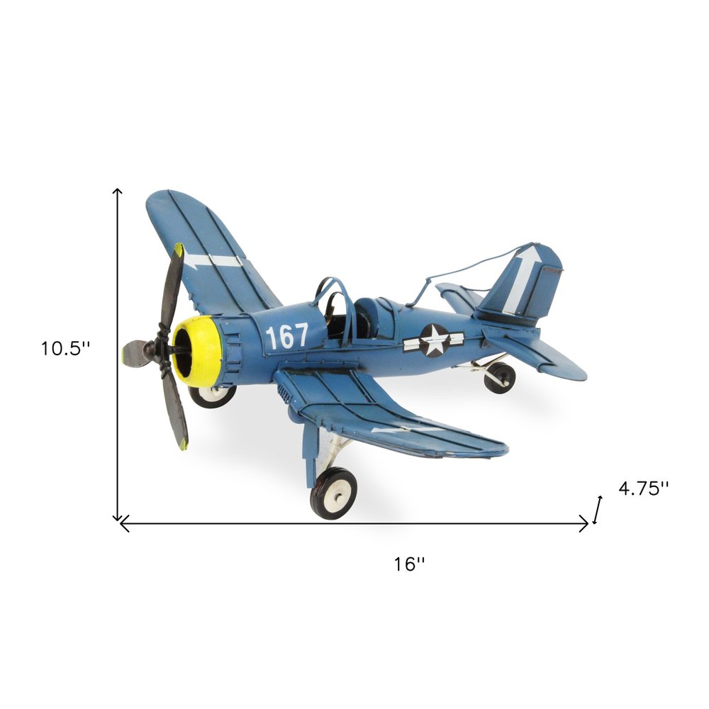 5" Blue and Yellow Metal Hand Painted Model Airplane Tabletop Sculpture