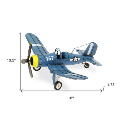 5" Blue and Yellow Metal Hand Painted Model Airplane Tabletop Sculpture
