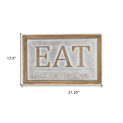 14" X 21" Gray and Brown Eat Wood and Metal Kitchen Wall Decor