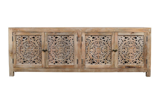 86" Natural Carved Floral Distressed Solid Wood Enclosed Storage TV Stand