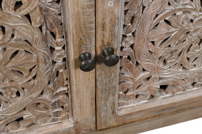 86" Natural Carved Floral Distressed Solid Wood Enclosed Storage TV Stand