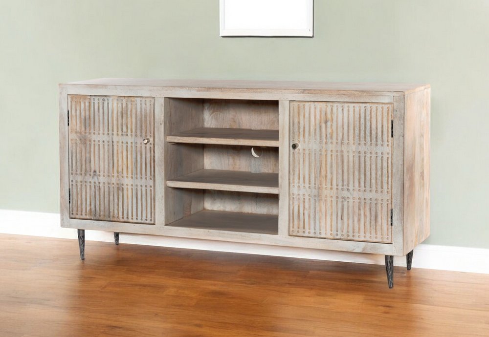 60" Ivory Carved Geometric Distressed Solid Wood Enclosed and Open Storage TV Stand