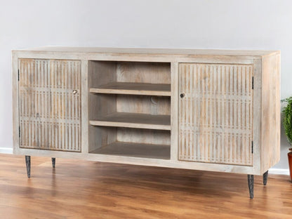 60" Ivory Carved Geometric Distressed Solid Wood Enclosed and Open Storage TV Stand