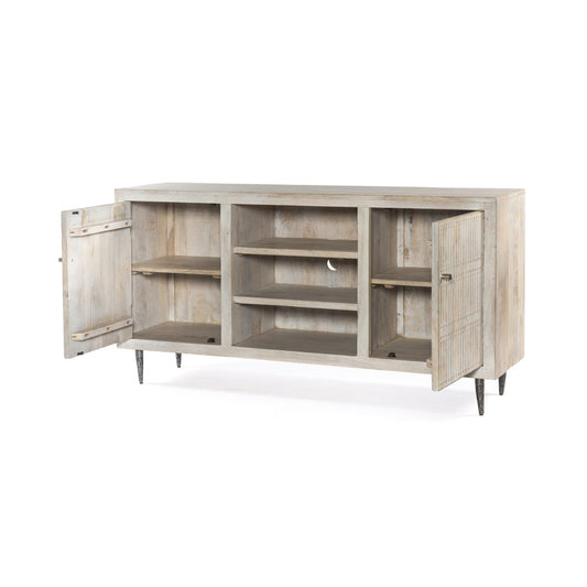 60" Ivory Carved Geometric Distressed Solid Wood Enclosed and Open Storage TV Stand